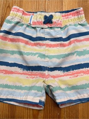 Rugged Butts Boys Stripe Swim Trunks with Navy Drawstring 2T